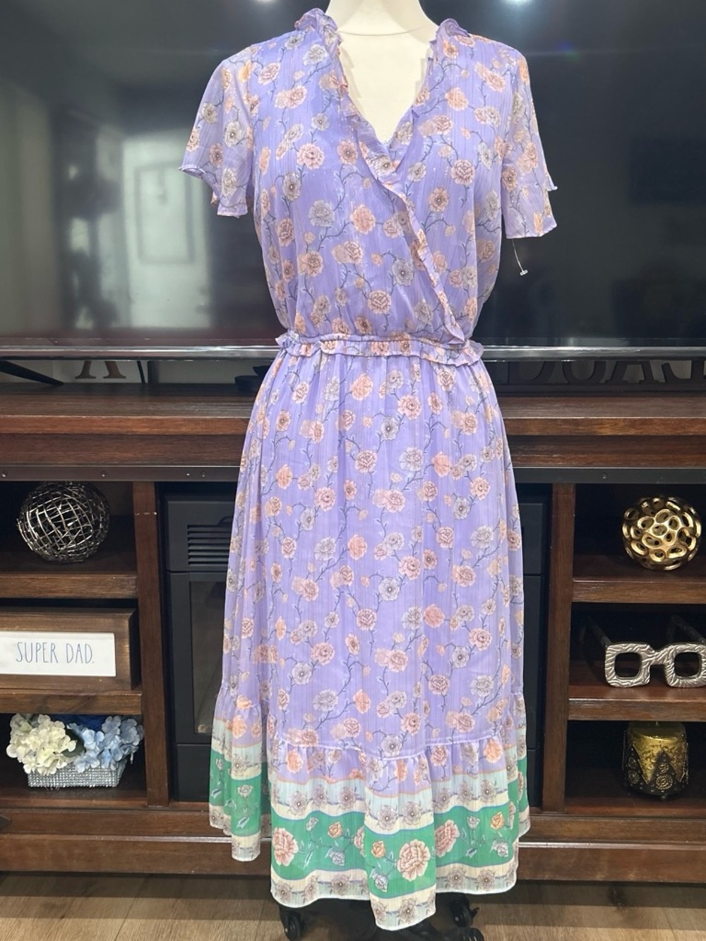 LC Lauren Conrad Lavender Floral Maxi Dress with Green Border